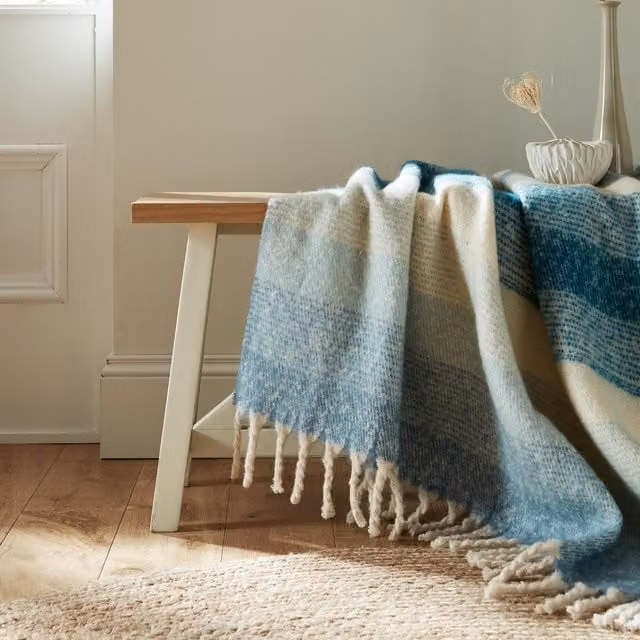 Laura Ashley Ortonby Striped Throw with Fringes in Blue and Cream, W: 130 cm, L: 170 cm
