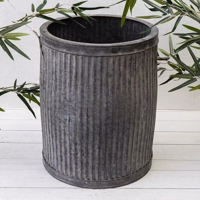 Annibells Grey Galvanised Metal Round Ribbed Ornamental Planter Tub
