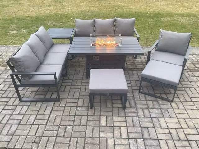 Fimous 9 Seater Aluminium Garden Furniture Set with Gas Fire Pit Dining Table, Side Table, 2 Footstools and Cushions in Dark Grey