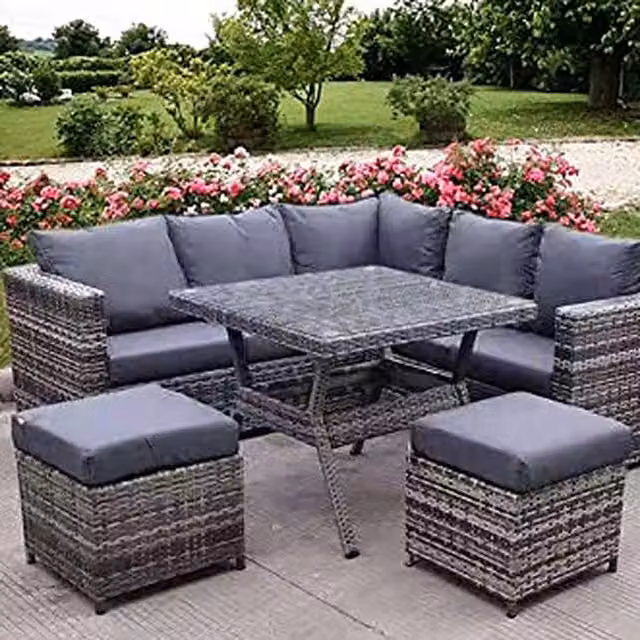 UK Leisure World Modern Grey Rattan Wicker Garden Corner Table and Chairs Patio Set
