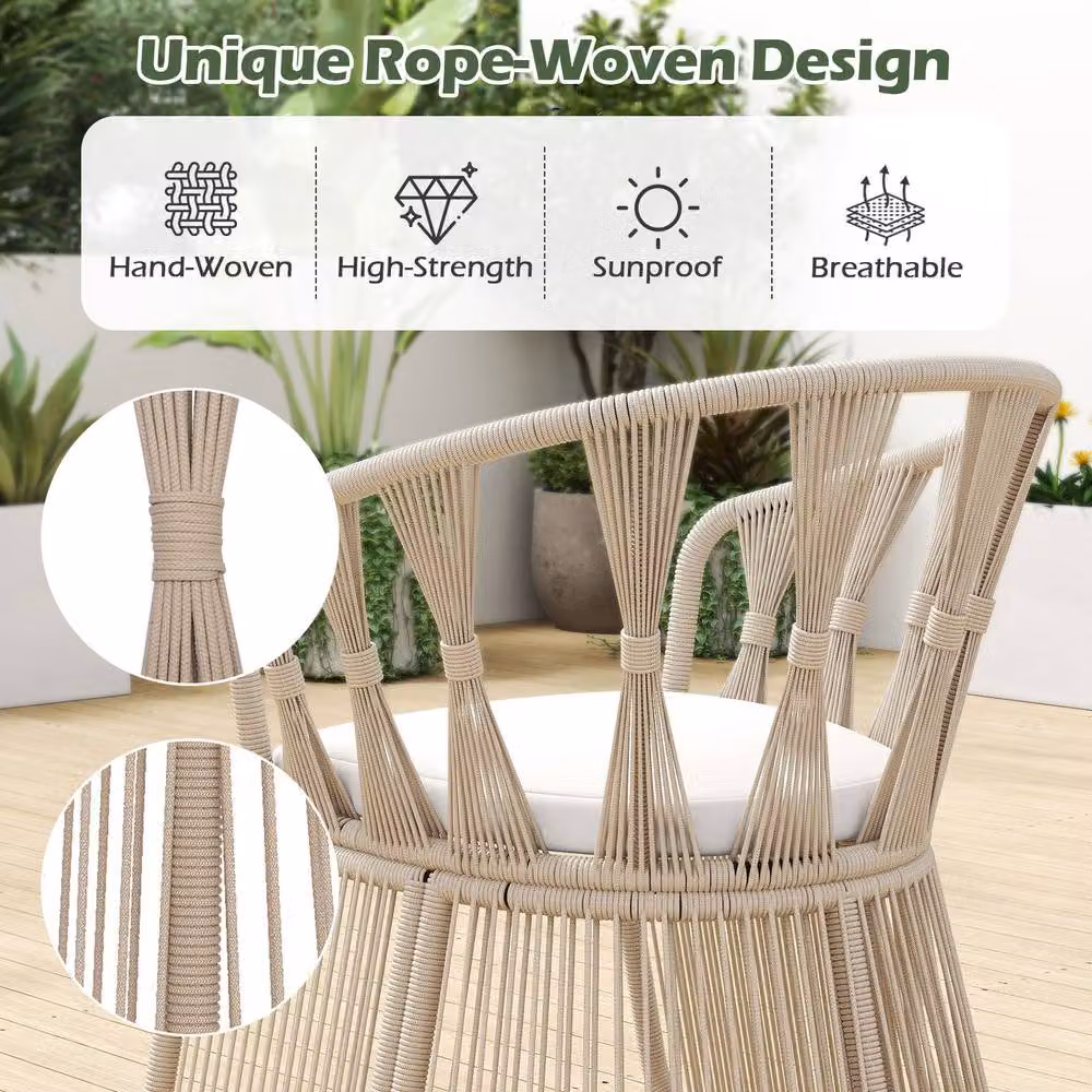 Costway 4 Piece Patio Furniture Set with 3 Rope-Woven Armchairs and Glass Top Table in Beige and Multicolour – 4