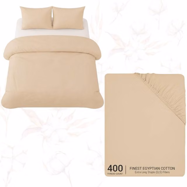 Pamposh 4 Piece Egyptian Cotton Double Duvet Set in Beige with Matching Fitted Sheet and Pillowcases
