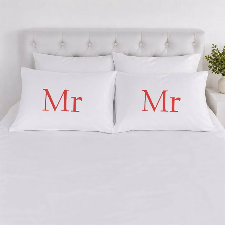 60 SECOND MAKEOVER Mr & Mr Wedding Cotton Pillowcases in White and Red