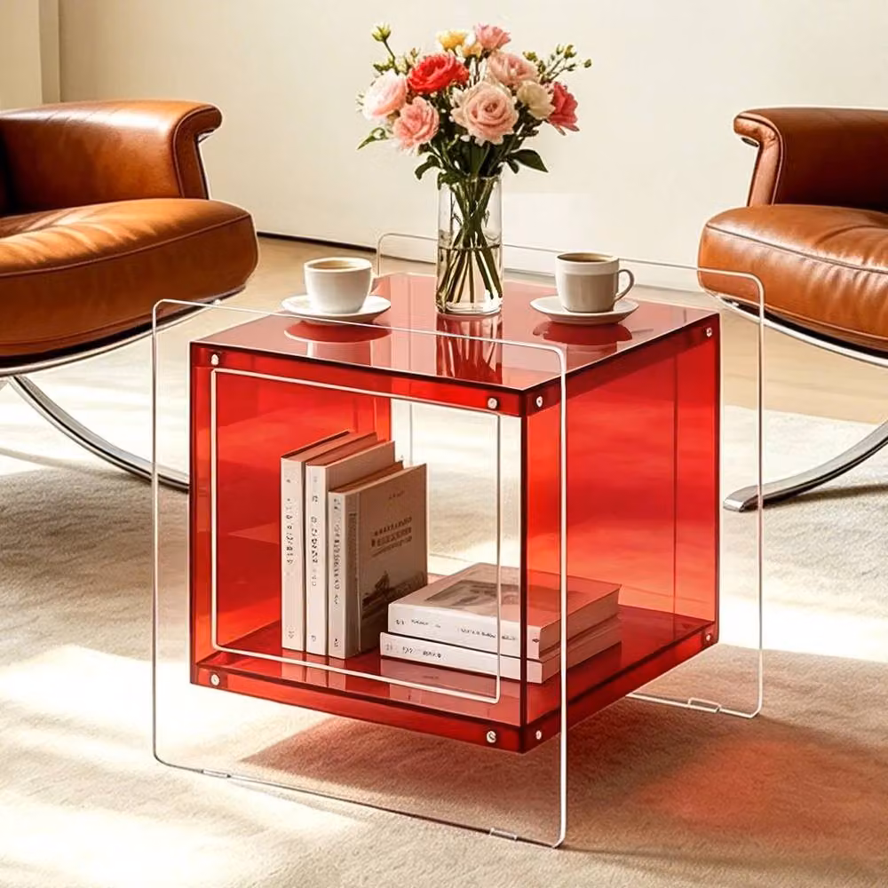 NESTLUNE Red Transparent Acrylic Nightstand with Storage Shelf, W/D/H: 100 x 100 x 100 cm – 4