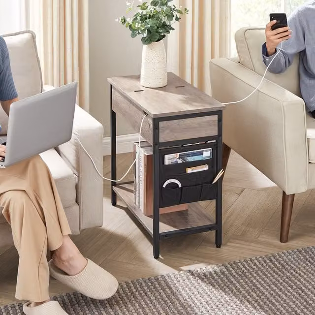 VASAGLE Modern Brown Slim Side Table with Tilting Top and Storage