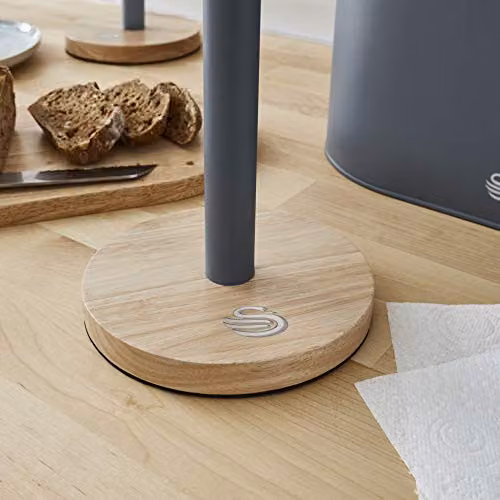 Swan Nordic Scandi Freestanding Towel Pole and Kitchen Roll Holder with Non-Slip Bamboo Base, Grey – 3