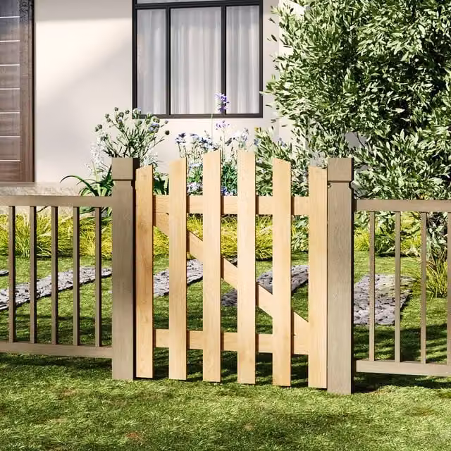 Livingandhome Solid Wood Garden Gate with Z-Shaped Structure in Yellow, W: 76 cm, H: 90 cm