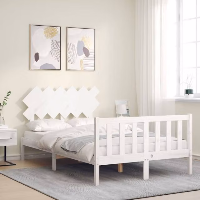 Berkfield Home Beautiful Bed Frame with Headboard in White Solid Pine Wood, W/D/H: 120 x 200 x 125.5 cm