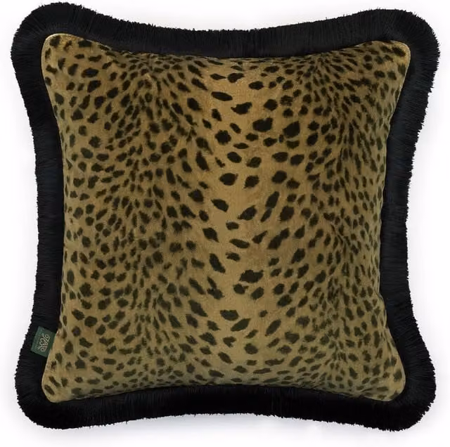 House of Hackney Savanna Velvet Fringed Square Cushion in Gold and Brown, W/D/H: 45 x 45 x 45 cm
