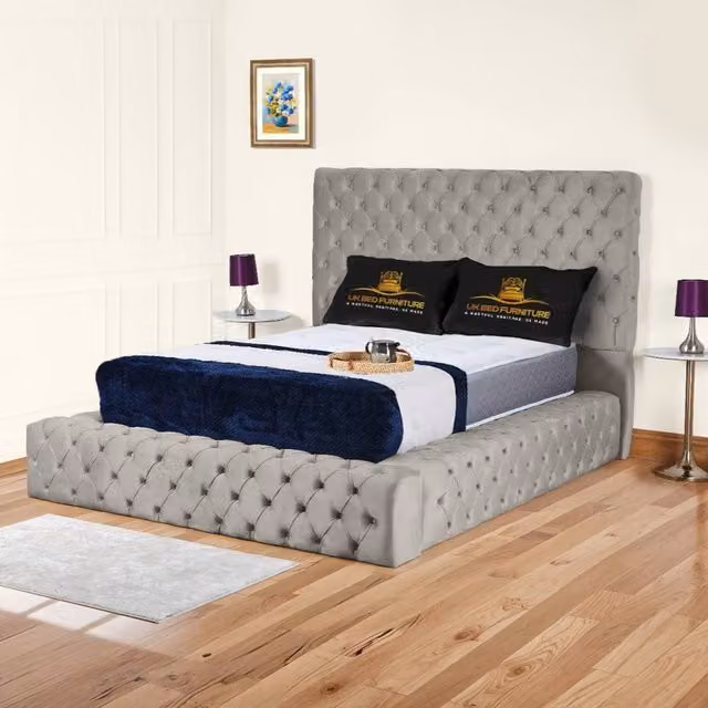 UK Bed Furniture Ambassador Ottoman Gas Lift Upholstered Velvet Bed in Light Grey, Size: 180 x 200 cm – 1