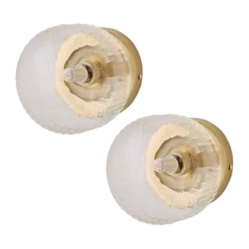 ValueLights Calpe Pair of Small Brushed Gold and Transparent Ribbed Glass Wall Lights