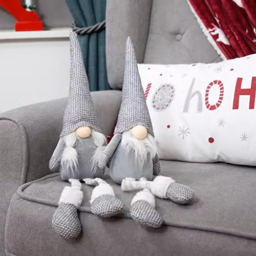 The Christmas Workshop 2-Pack Grey and White Felt Gnome Ornaments with Hanging Legs – 6