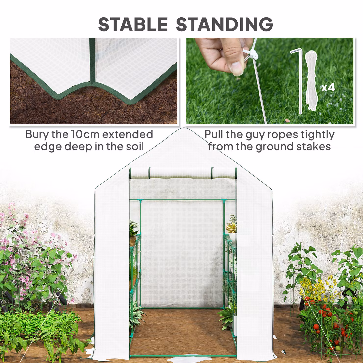 Outsunny Walking Greenhouse with PE Cover, 3 Tier Shelves, Roll-up Door and Mesh Windows, White, W/D/H: 2.0 x 1.4 x 1.9 m – 4