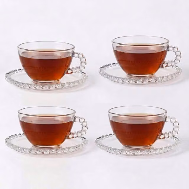Eden & Willow Beaded Glass Tea and Coffee Cup and Saucer Set, 4 Pieces, Transparent