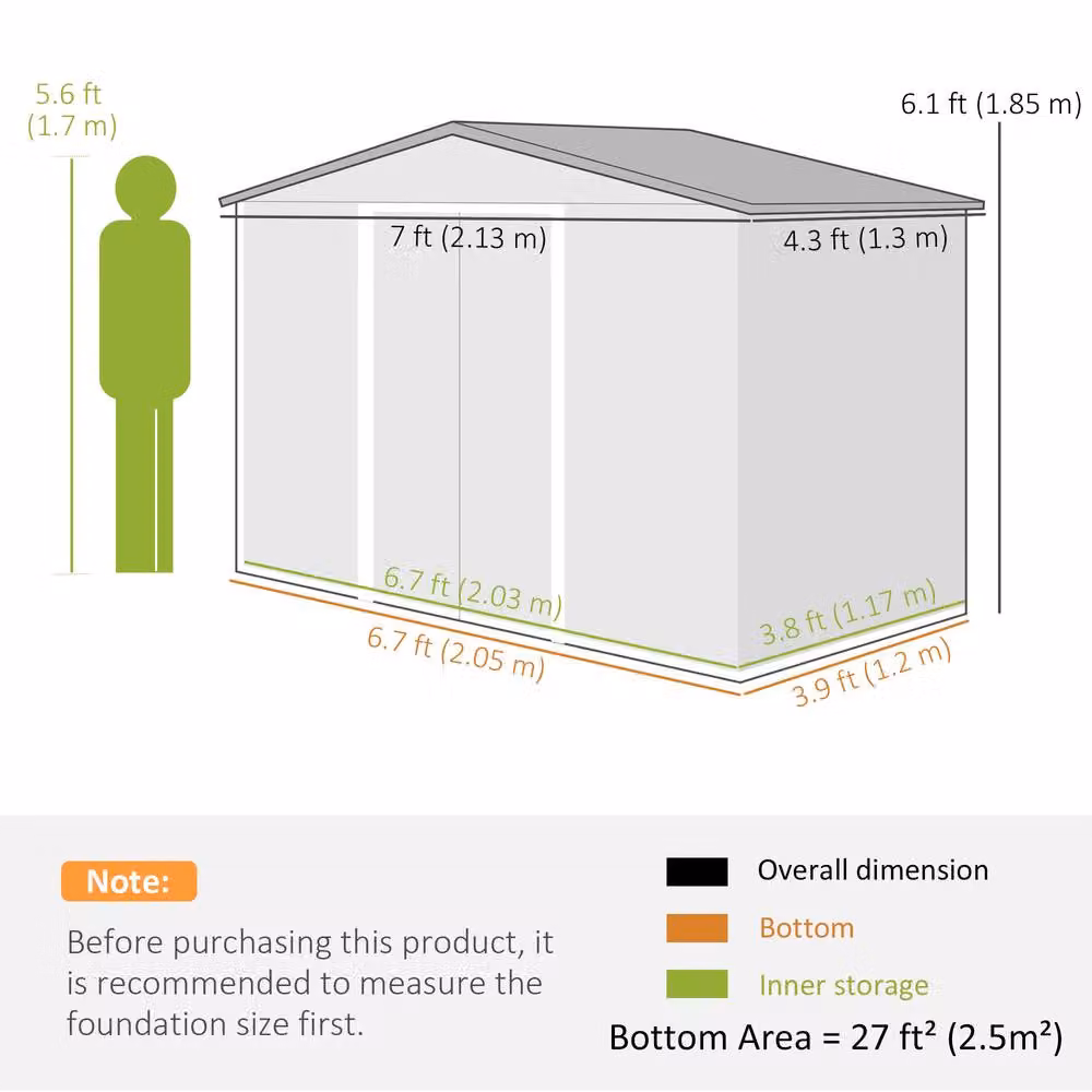 Rolipo Metal Garden Shed with Foundation Kit and Double Doors, Brown, W: 213.36 cm, D: 121.92 cm, H: 170.0 cm – 4
