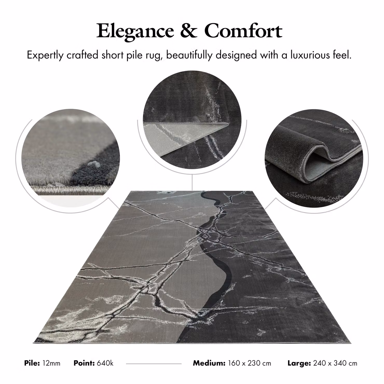London Rug Company Mila Luxury Abstract Short Pile Rug in Grey, Black and Silver, W: 240 cm, D: 340 cm – 4