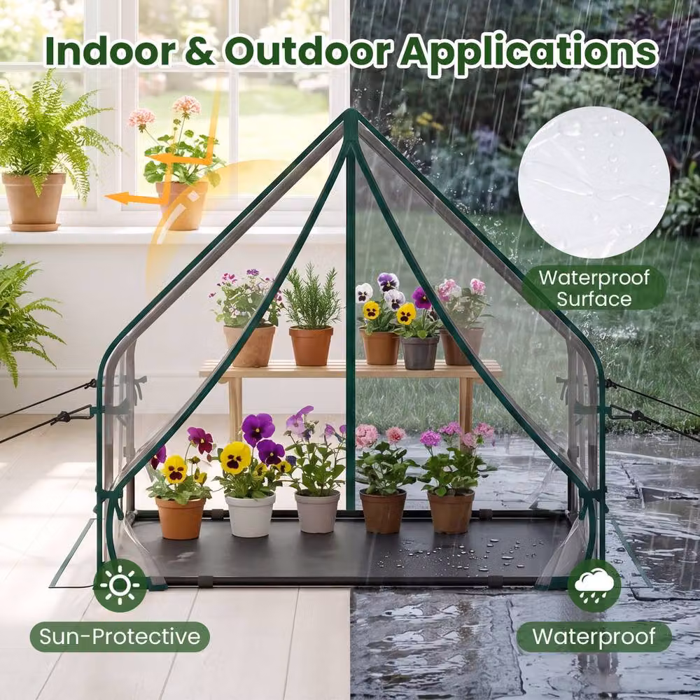 Costway Portable Mini Greenhouse with Ground Stakes and Bottom Mat, Transparent Green, W/D/H: 92 x 85 x 50 cm – 6