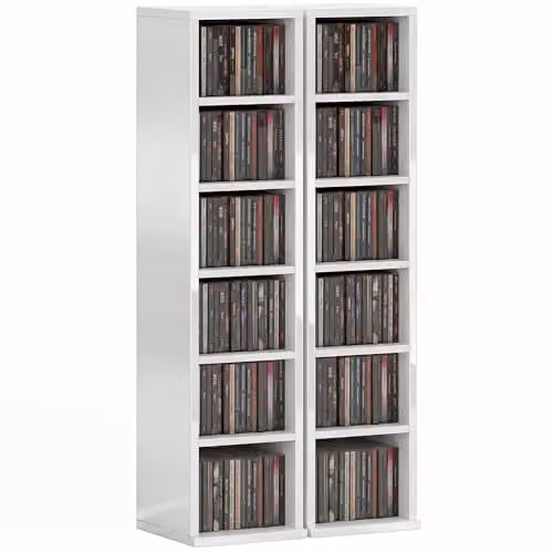 HOMCOM Set of 2 High Gloss White CD and DVD Storage Tower Racks with Adjustable Shelves