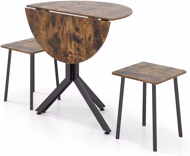 VOGREX 3-Piece Round Drop Leaf Dining Set with Table and 2 Stools in Brown