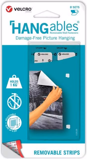 VELCRO Brand HANGables Removable Wall Fasteners, Damage Free Poster Hanging Strips, White and Multicolour, 8 Sets – 1