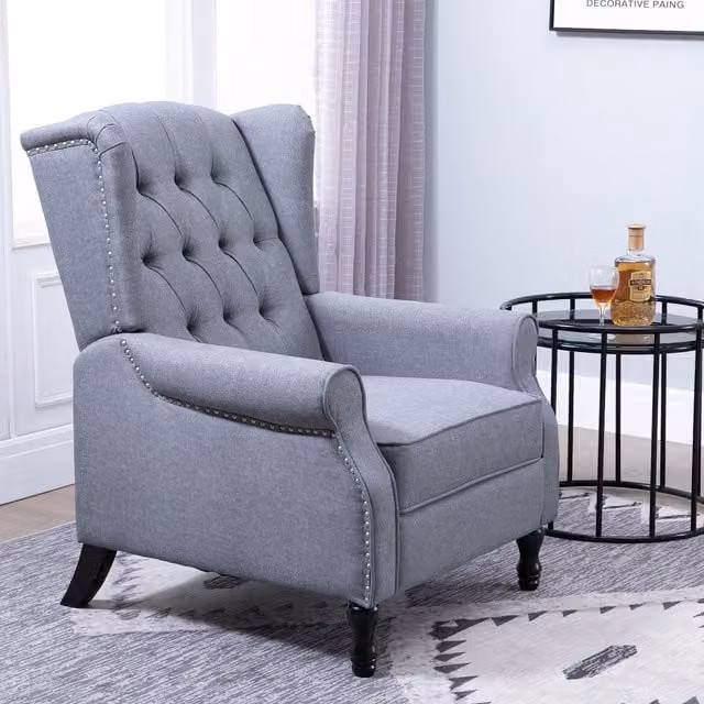 HOMCOM Grey Fabric Wingback Recliner Armchair with Button Tufted Back