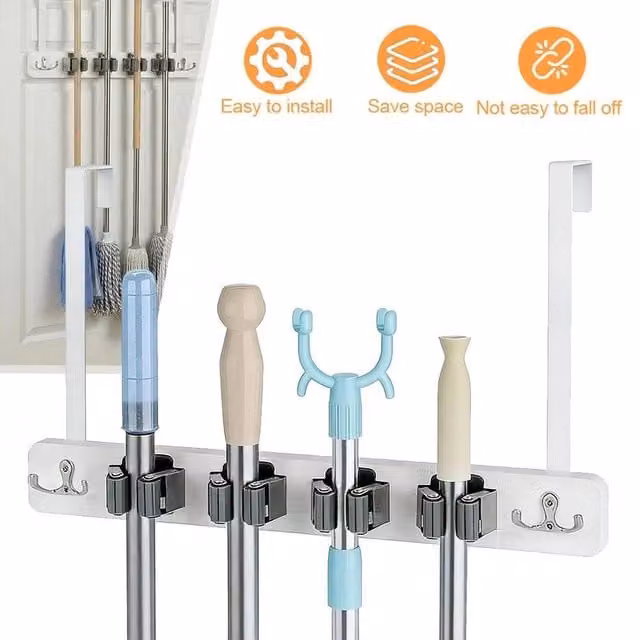 NESTLUNE Over the Door Broom and Mop Holder Wood and Metal Organizer, White, W: 52 cm, H: 1000 cm