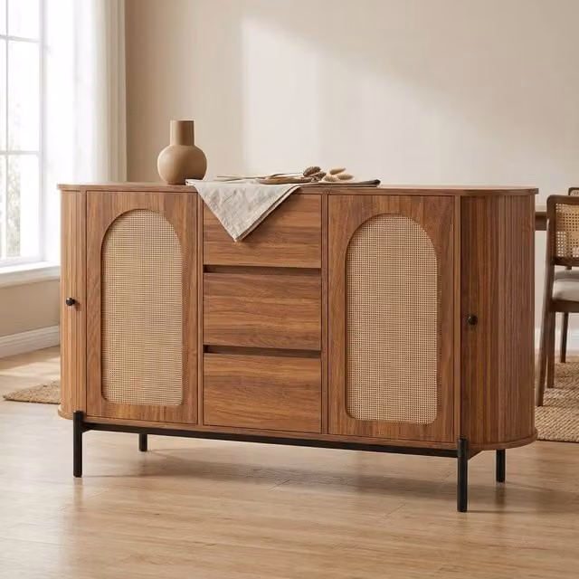 STILVORA Mid-Century Sideboard with Rattan Doors, Drawers and Sliding Doors in Walnut and Black