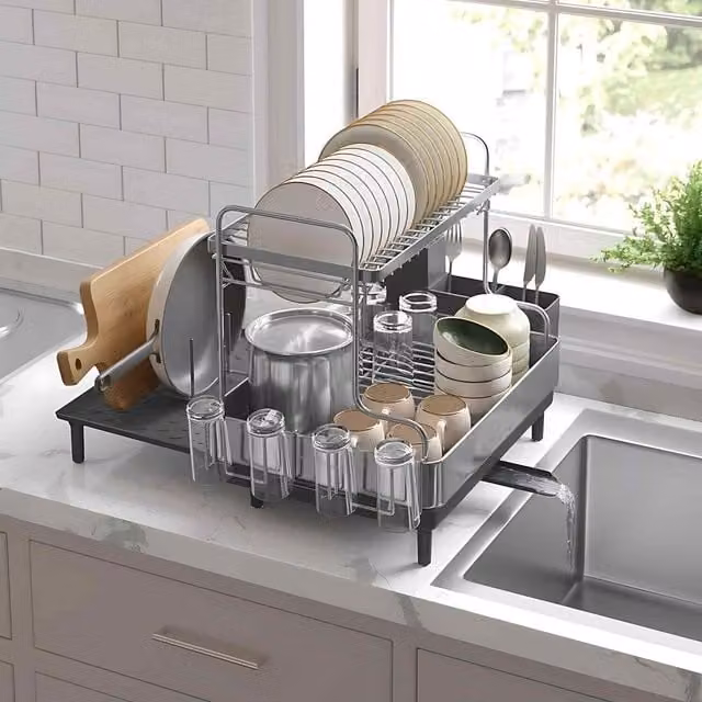 The Bazaarist Expandable Dish Drying Rack with Rotating Spout, Cup Holder and Cutlery Holder, Silver and Grey