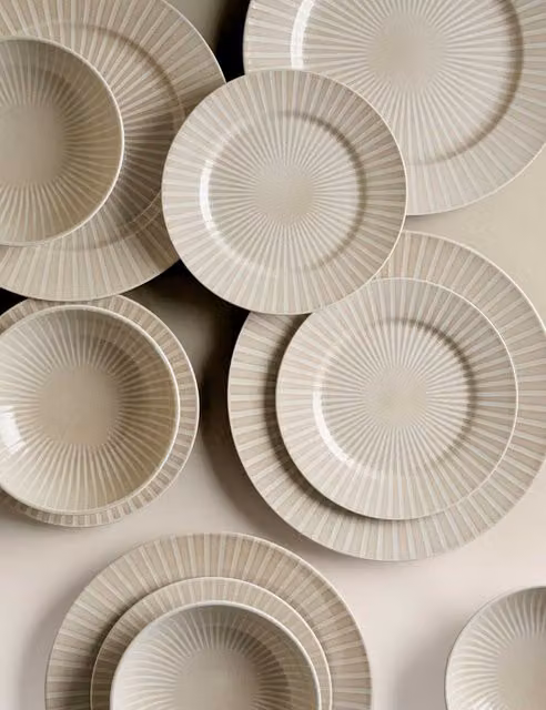 M&S 12 Piece Striped Stoneware Dinner Set in Beige and Sand