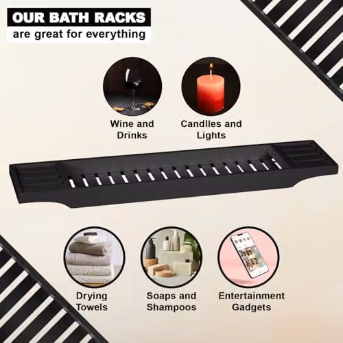 MantraRaj Bamboo Bath Caddy Tray Bridge and Storage Shelf Organizer in Black – 5