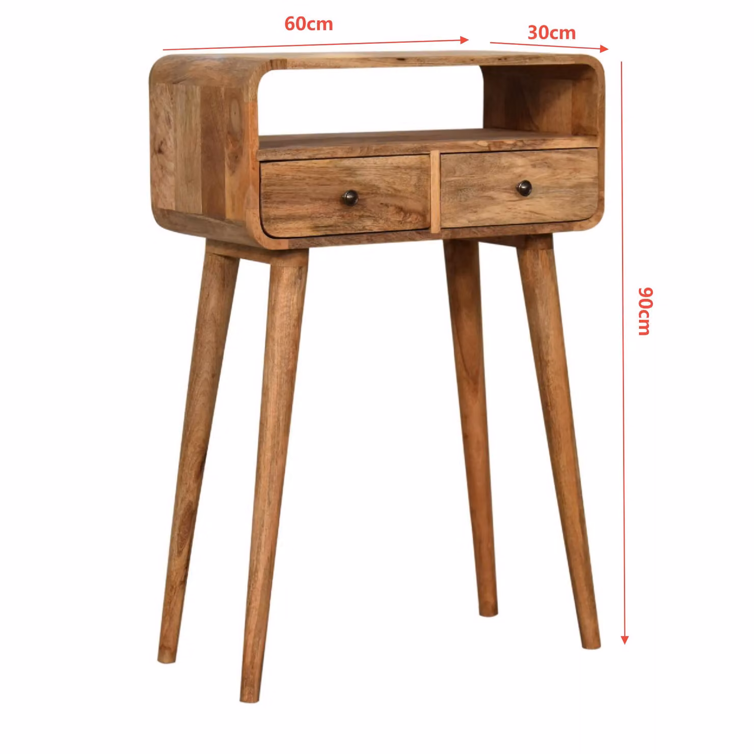 Aosom UK Mid-Century Mango Wood Narrow Console Table and Bedside Cabinet with 2 Drawers and Open Slot, Brown, W: 60 cm, D: 30 cm, H: 90 cm – 2