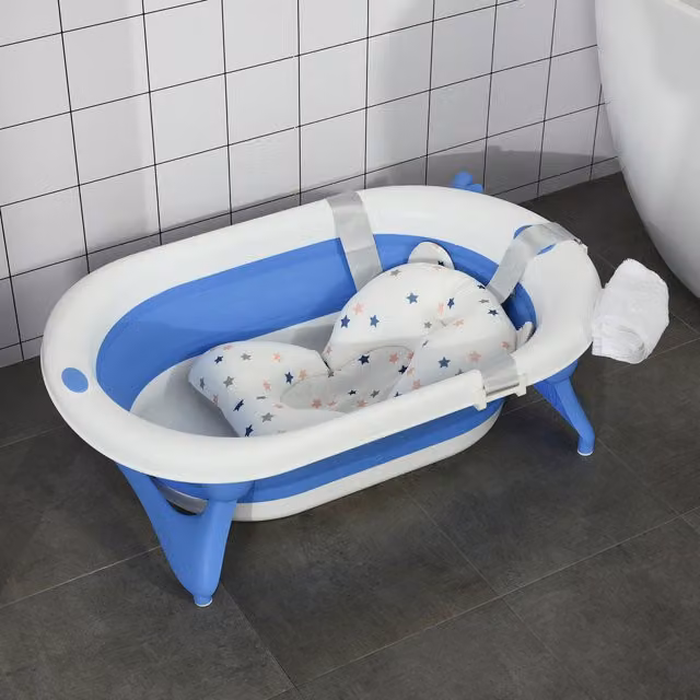 HOMCOM Foldable Baby Bath Tub with Temperature Indicator and Non-Slip Base in Blue and White