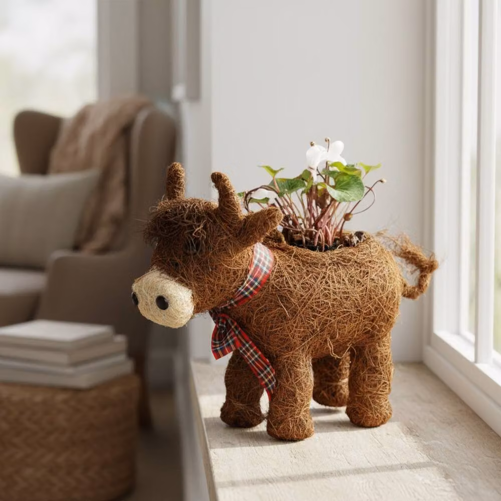 Four Candle Highland Cow Rattan Planter with Tartan Bow in Brown, H 26.0 cm x W 15.0 cm x D 13.0 cm – 2