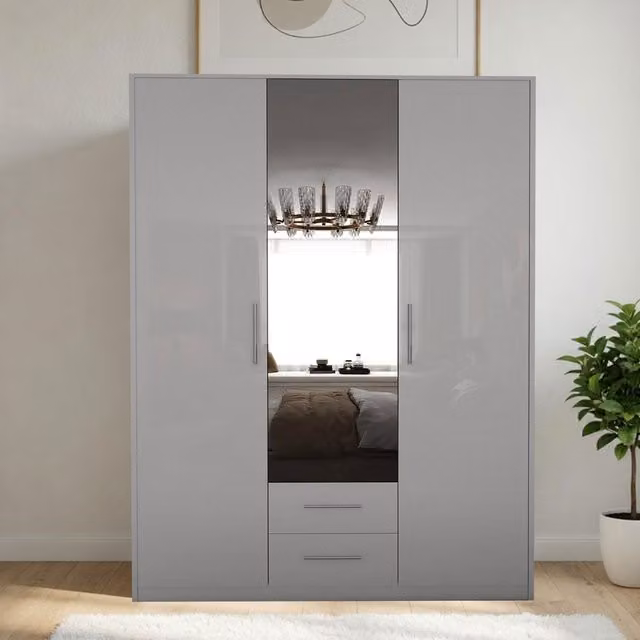 Swindon 3 Door Wardrobe in Gloss and Matt White with Mirror, Width: 120 cm