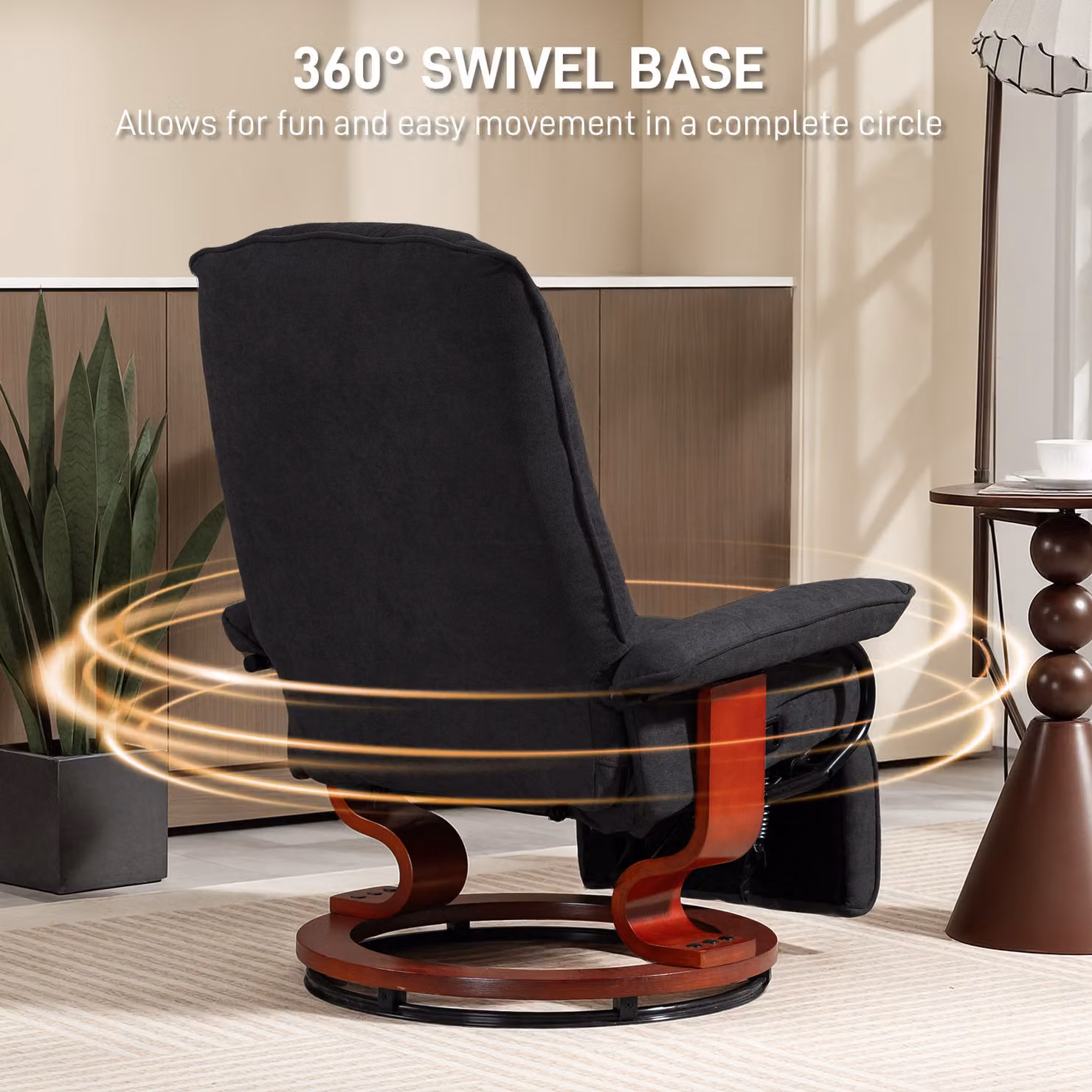HOMCOM Black Fabric Reclining Swivel Chair with Footrest and Armrests – 5