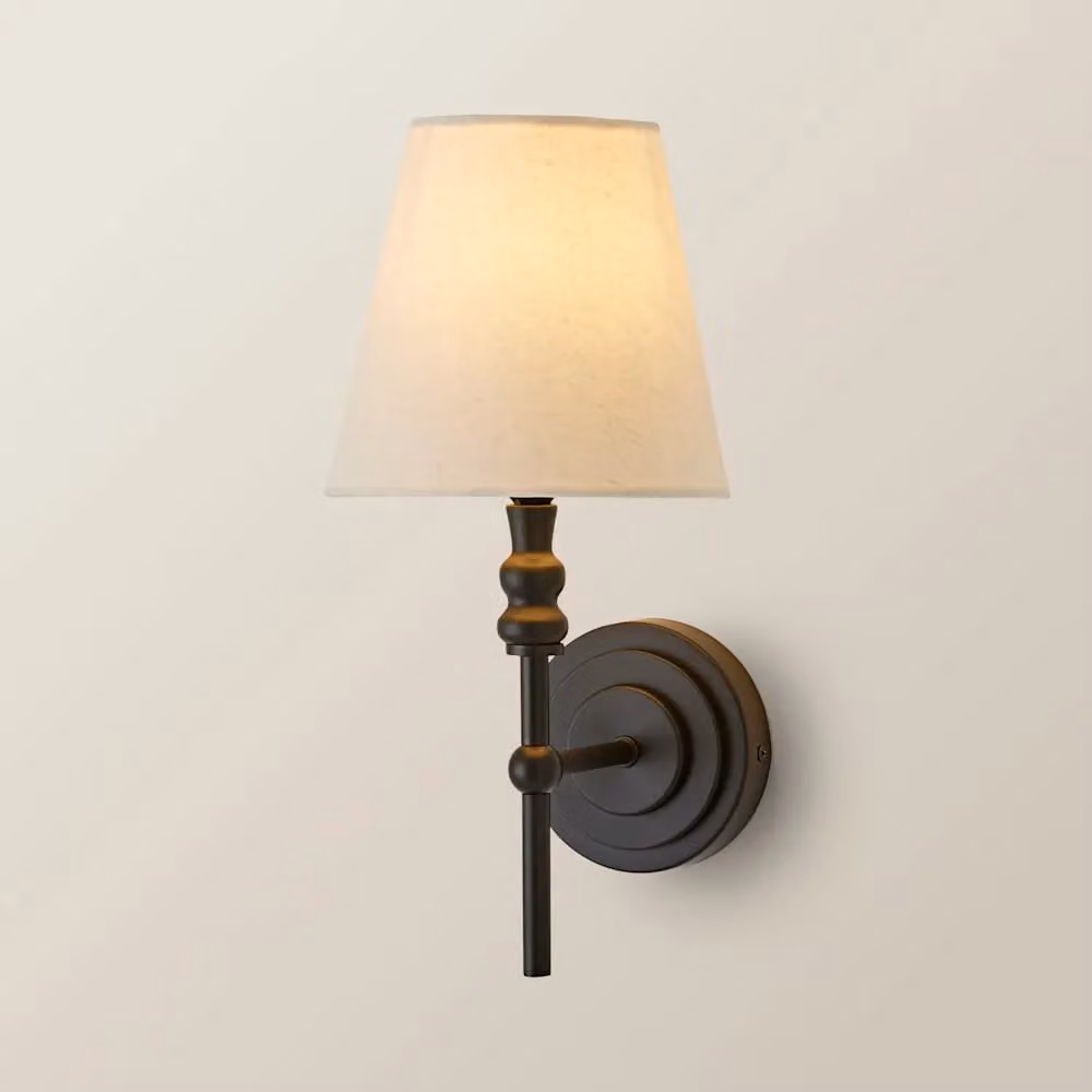 ValueLights Maggie Pair of Black Metal Wall Lights with Fabric Cone Shades and Bulbs – 3