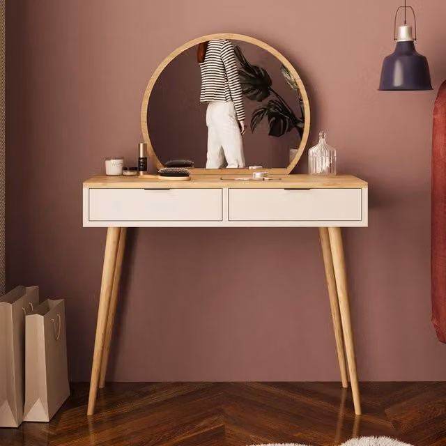 BIMOSSA Lucy Women's Vanity Dressing Table with Round Mirror and 2 Drawers in Light Oak, W/D/H: 125 x 40 x 90 cm – 1