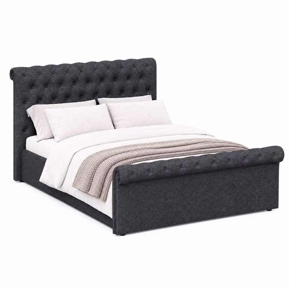 FWStyle Abbey King Size Upholstered Ottoman Bed Frame in Charcoal Grey with Scroll Buttoned Headboard, W/D/H: 180 x 200 x 123 cm – 3