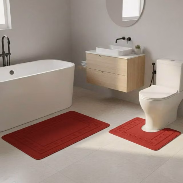 Snug City 2 Piece Box Design Bath Mat Set in Red, Non-Slip and Absorbent, W: 80 cm, D: 50 cm – 1