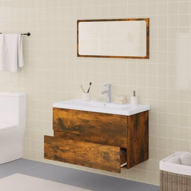 Berkfield Home Modern Wall Mounted Bathroom Furniture Set with Vanity Unit and LED Mirror Cabinet in Smoked Oak Brown and White, W/D/H: 80 x 39.5 x 45 cm