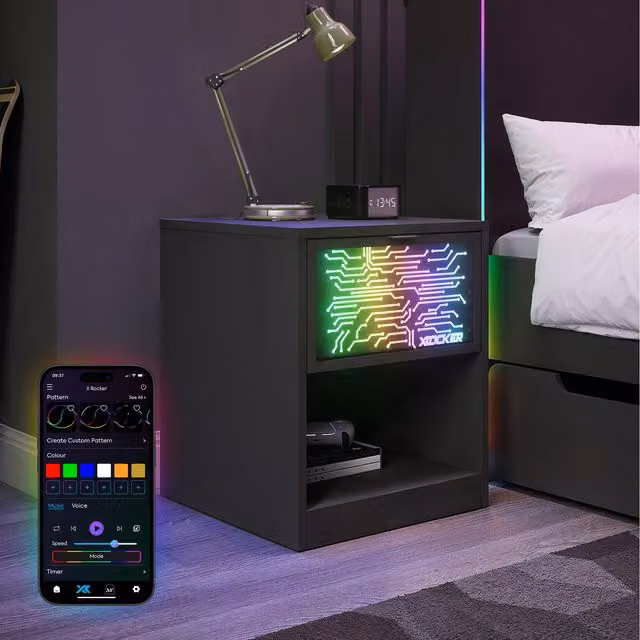 X Rocker Modern Black Wood Bedside Chair with Integrated Lighting
