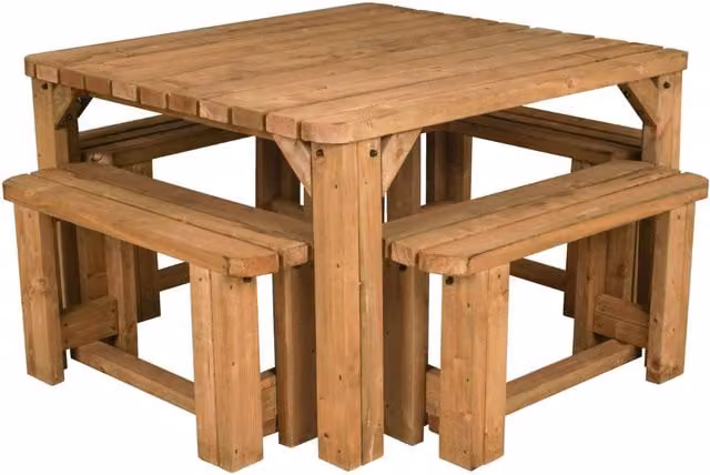 Arbor Garden Solutions QUADRUM Rounded Picnic Table with 4 Benches, Rustic Brown Treated Hardwood