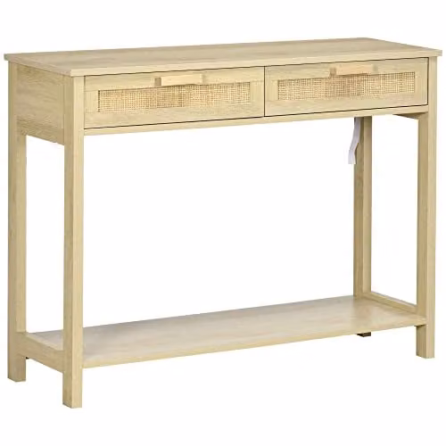 HOMCOM Boho Natural and Beige Console Table with Storage Shelf and Drawer for Hallway, Living Room or Bedroom, W: 100 cm, D: 30 cm, H: 76 cm – 1