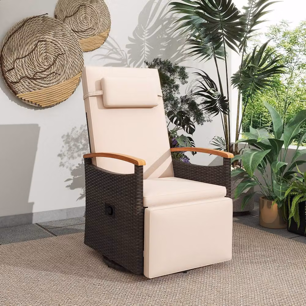 Gymax 360 Swivel Wicker Lounge Chair with Flip Side Table and Adjustable Headrest in Brown – 3