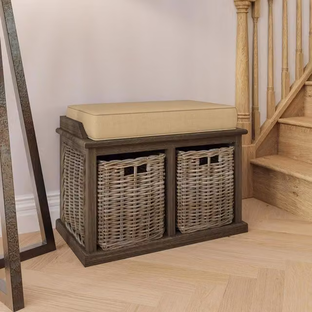 FWStyle Handmade Kubu Rattan Small Storage Bench with Baskets and Cushion in Brown W/D/H: 70 x 48 x 39 cm