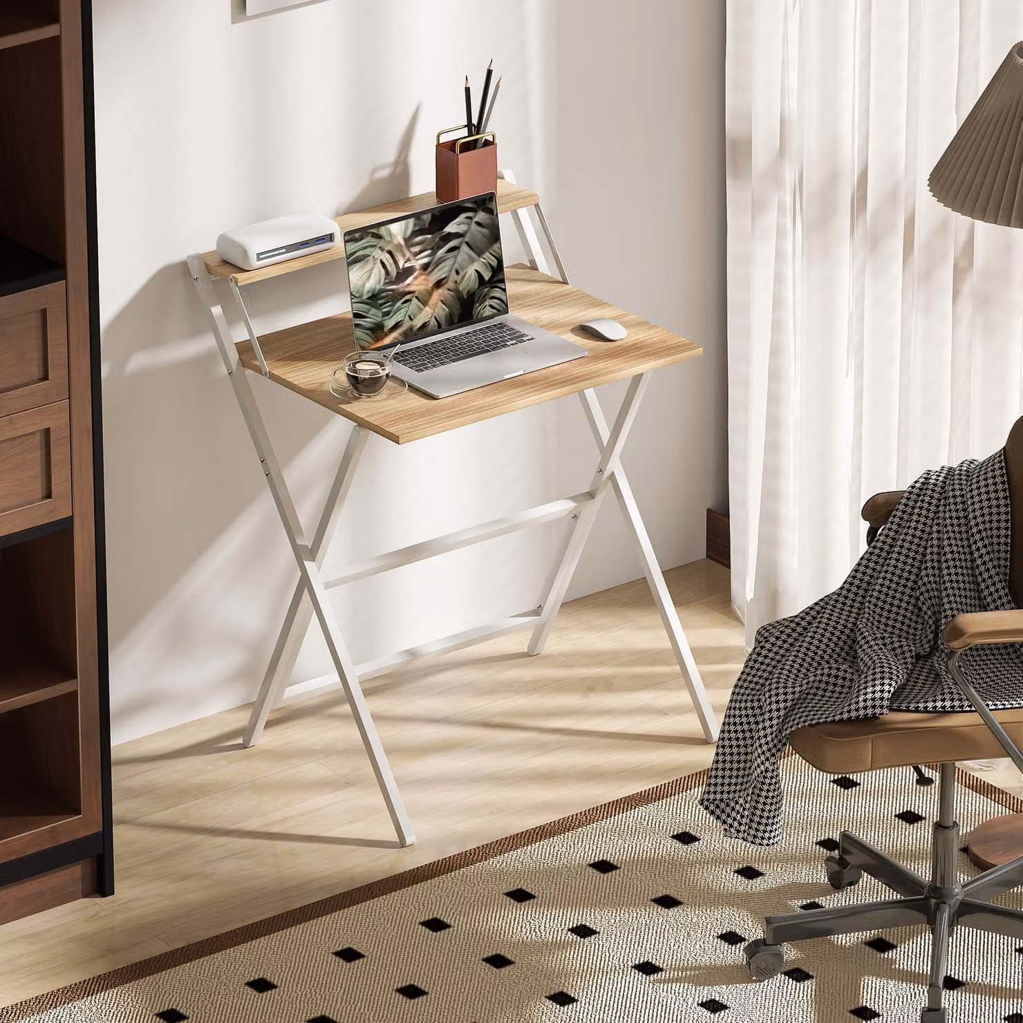 HOMCOM Folding Computer Desk with Monitor Shelf in Brown and White, 70 cm Width – 6