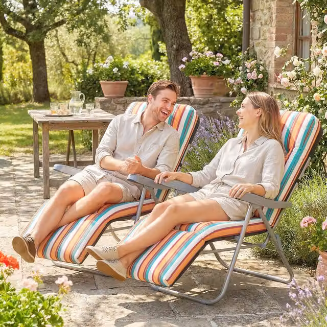 Outsunny Set of 2 Adjustable Sun Lounger Recliners with Armrests and Weatherproof Striped Cushions in Grey and Multicolour
