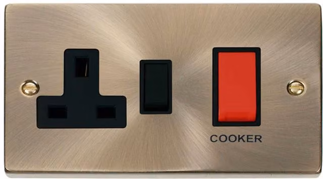 SE HOME Antique Brass Cooker Control 45A and 13A Switched Plug Socket Combination Flush Plate
