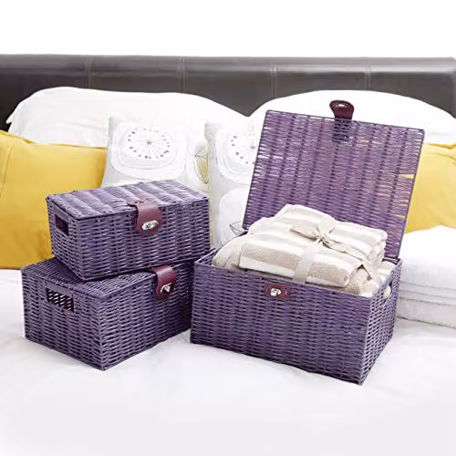 Arpan Set of 3 Resin Woven Storage Basket Boxes with Lid and Lock in Purple and White – 2