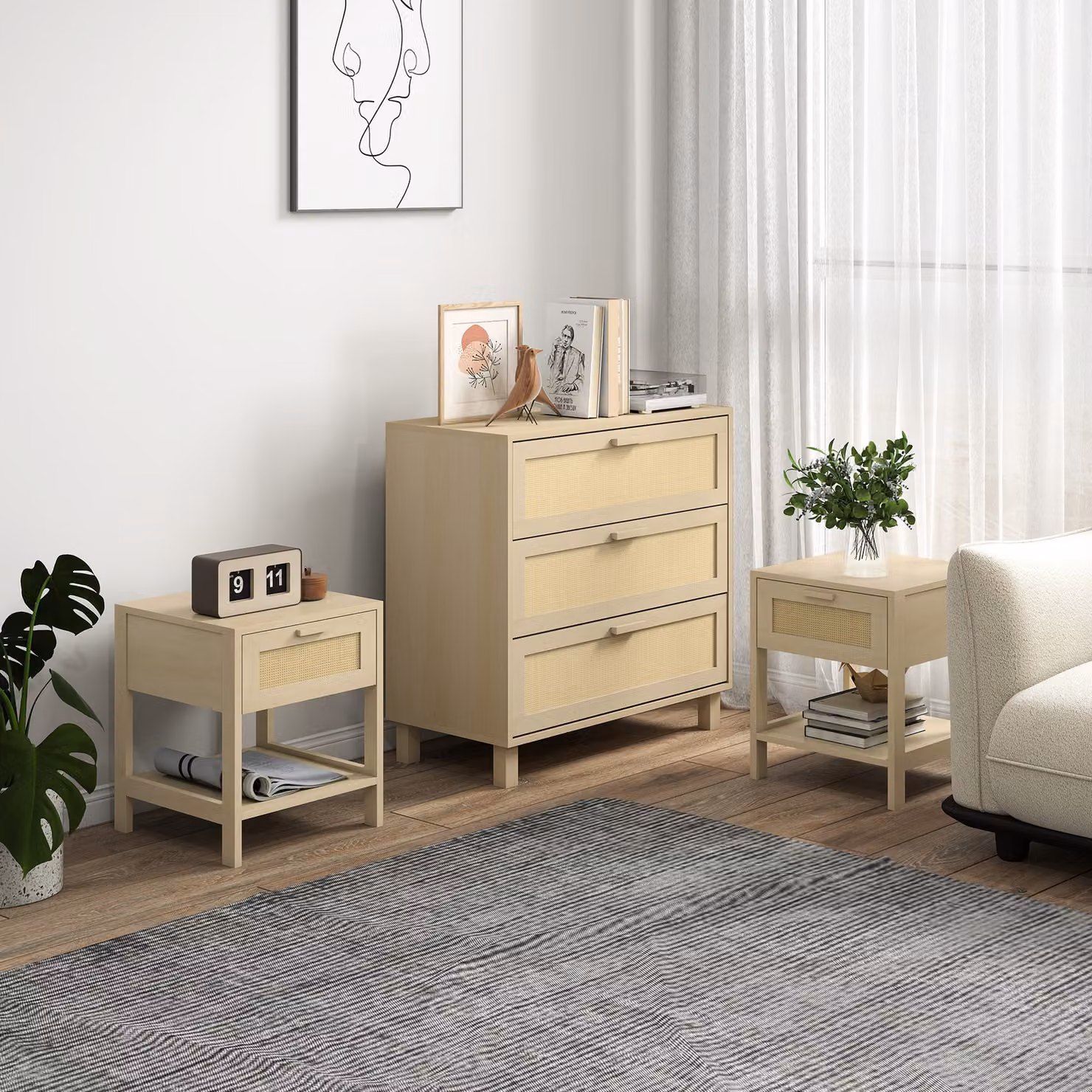 HOMCOM Boho Rattan Chest of Drawers and Nightstands Set in Nature Wood Finish, Brown and Beige – 2